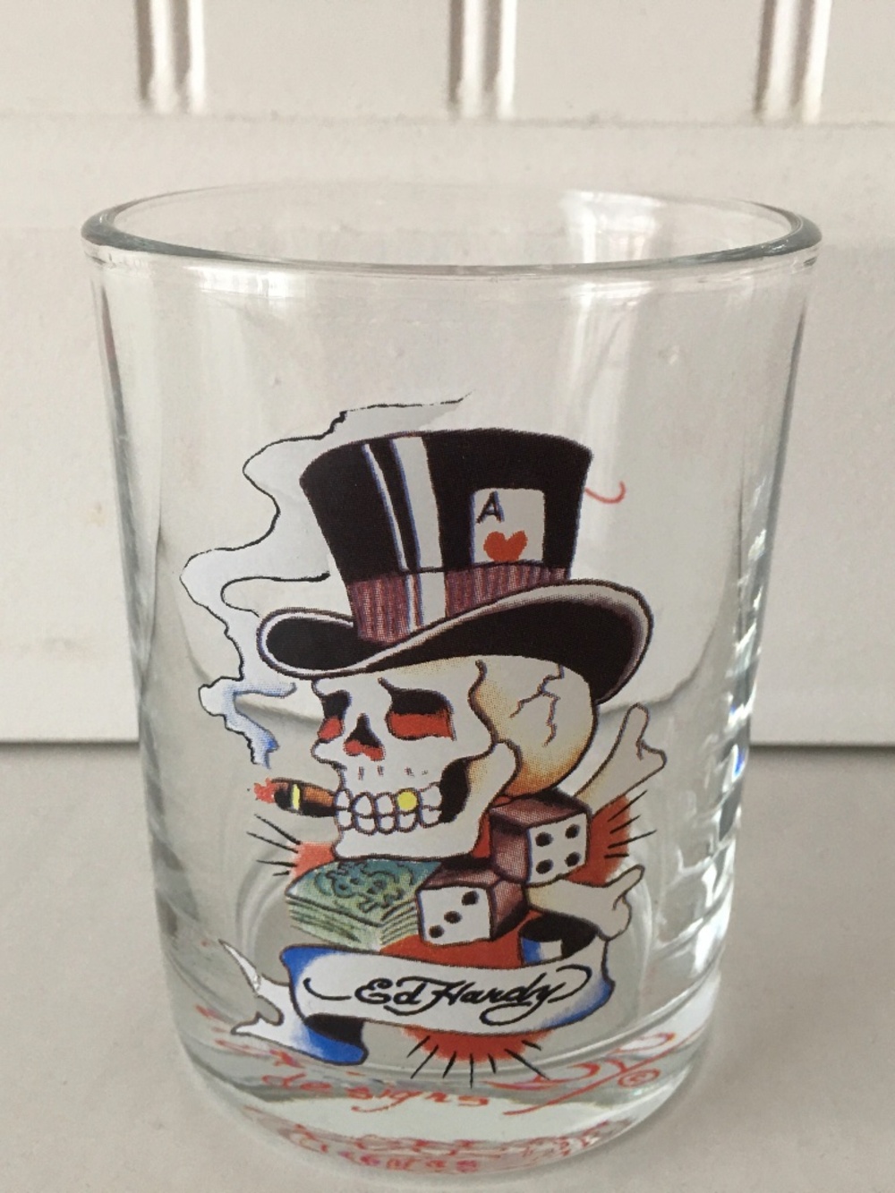 Ed Hardy Whiskey Glass Top Hat Gambler Smoking Skull